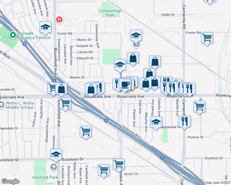 map of restaurants, bars, coffee shops, grocery stores, and more near 12949 Rosecrans Avenue in Norwalk