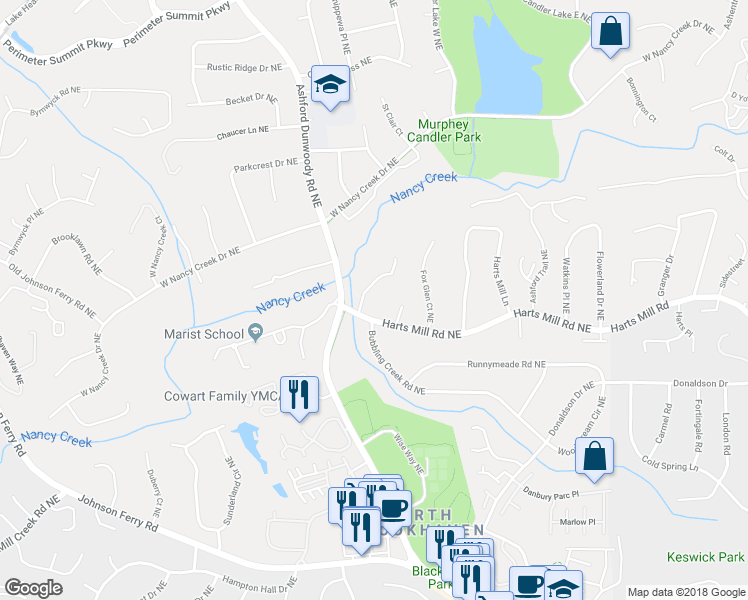 map of restaurants, bars, coffee shops, grocery stores, and more near 3768 Wasson Way in Atlanta