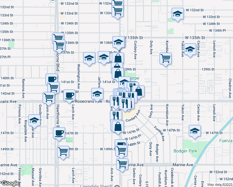 map of restaurants, bars, coffee shops, grocery stores, and more near 4018 West 142nd Street in Hawthorne