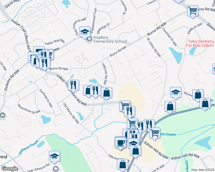 map of restaurants, bars, coffee shops, grocery stores, and more near 807 Hillcrest Road Northwest in Lilburn