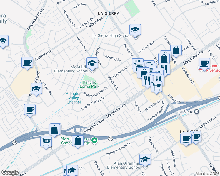 map of restaurants, bars, coffee shops, grocery stores, and more near 11302 Rancho La Brea Drive in Riverside