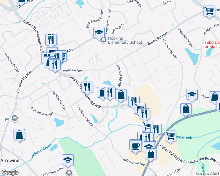 map of restaurants, bars, coffee shops, grocery stores, and more near 4870 Indian Crest Court Northwest in Lilburn