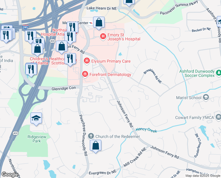 map of restaurants, bars, coffee shops, grocery stores, and more near 1494 South Johnson Ferry Road Northeast in Atlanta
