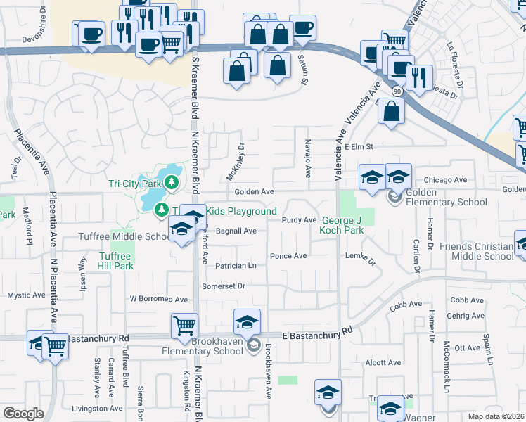 map of restaurants, bars, coffee shops, grocery stores, and more near 337 Purdy Avenue in Placentia
