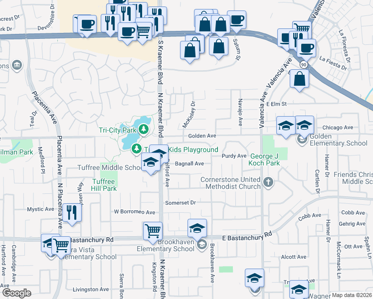 map of restaurants, bars, coffee shops, grocery stores, and more near 314 Koch Avenue in Placentia