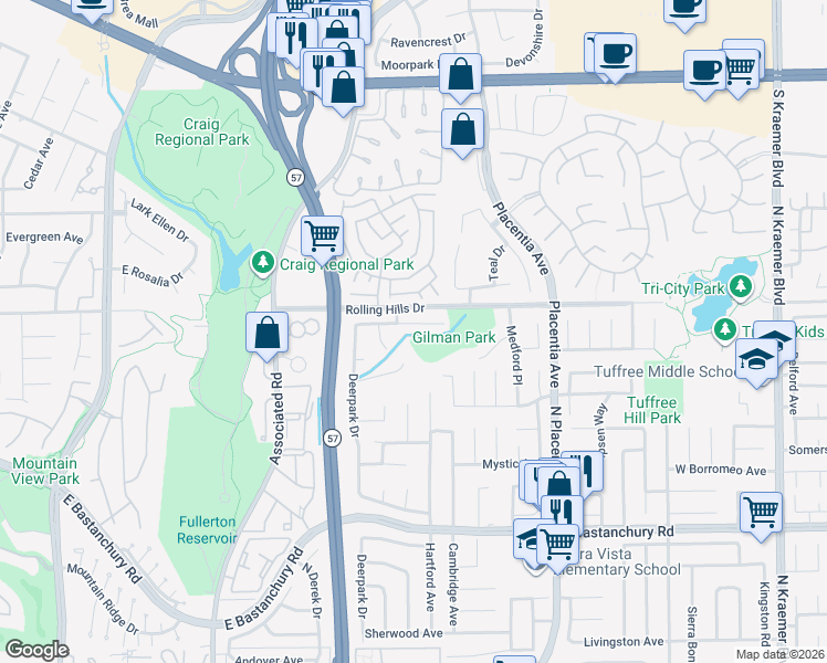 map of restaurants, bars, coffee shops, grocery stores, and more near 2878 Treeview Place in Fullerton