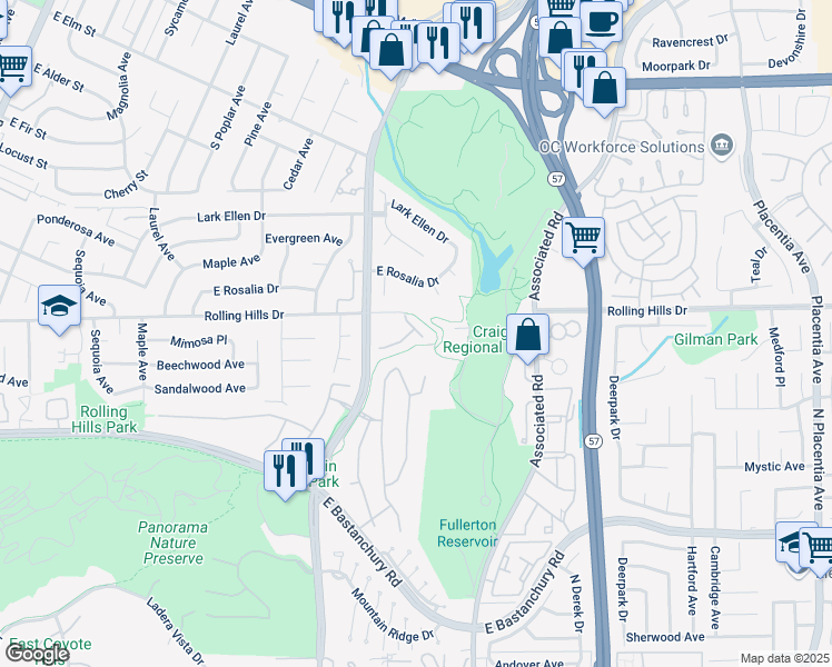 map of restaurants, bars, coffee shops, grocery stores, and more near 2804 Hickory Place in Fullerton