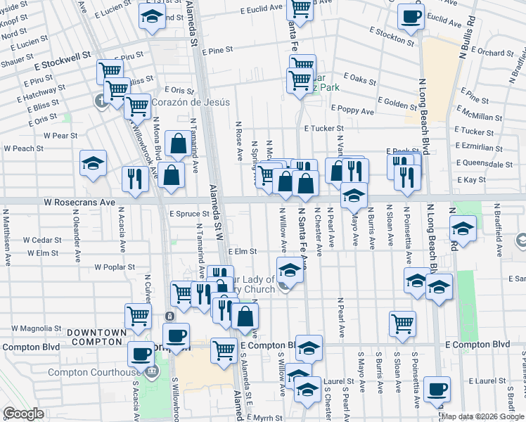 map of restaurants, bars, coffee shops, grocery stores, and more near 1006 North Spring Avenue in Compton