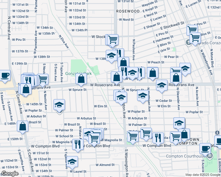 map of restaurants, bars, coffee shops, grocery stores, and more near 900 Rosecrans Avenue in Compton