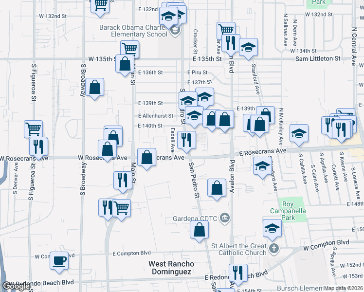 map of restaurants, bars, coffee shops, grocery stores, and more near 14024 San Pedro Street in Los Angeles