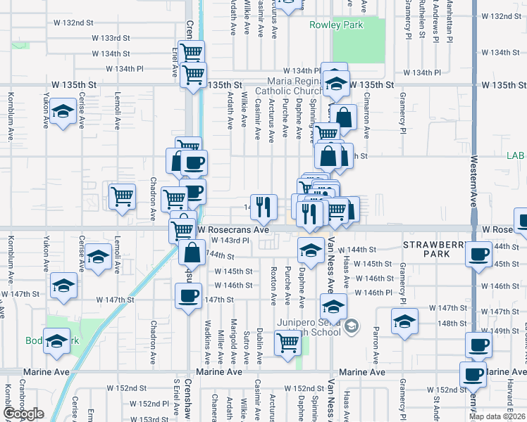 map of restaurants, bars, coffee shops, grocery stores, and more near 2516 West 141st Street in Gardena
