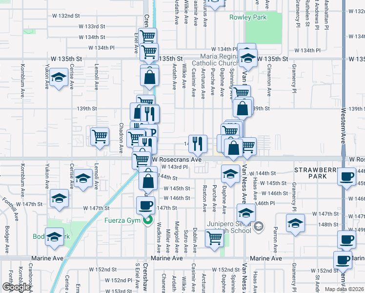 map of restaurants, bars, coffee shops, grocery stores, and more near 2800 West 141st Place in Gardena