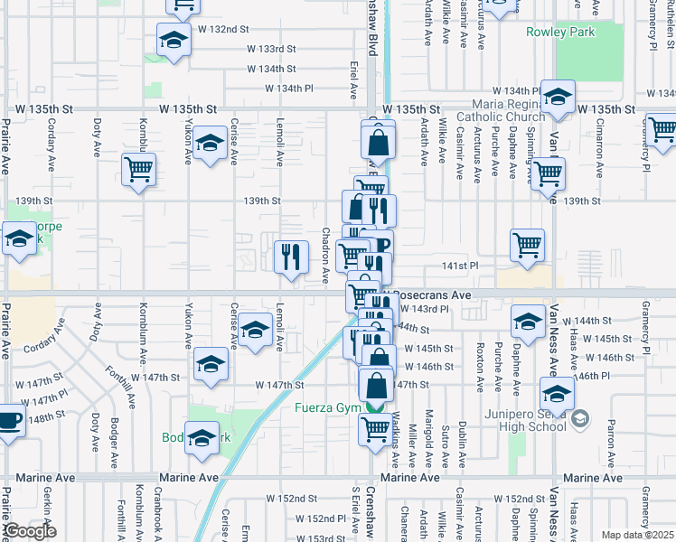 map of restaurants, bars, coffee shops, grocery stores, and more near 14115 Crenshaw Boulevard in Hawthorne