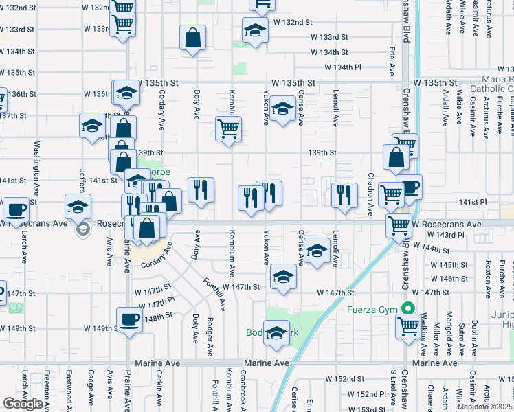 map of restaurants, bars, coffee shops, grocery stores, and more near 14114 Kornblum Avenue in Hawthorne