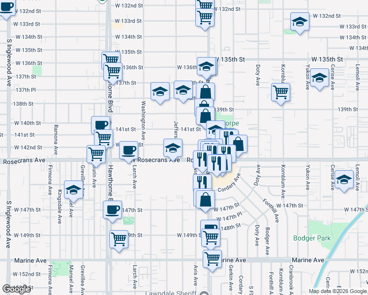 map of restaurants, bars, coffee shops, grocery stores, and more near 4082 West 142nd Street in Hawthorne