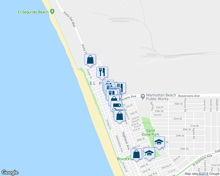 map of restaurants, bars, coffee shops, grocery stores, and more near 3917 Crest Drive in Manhattan Beach