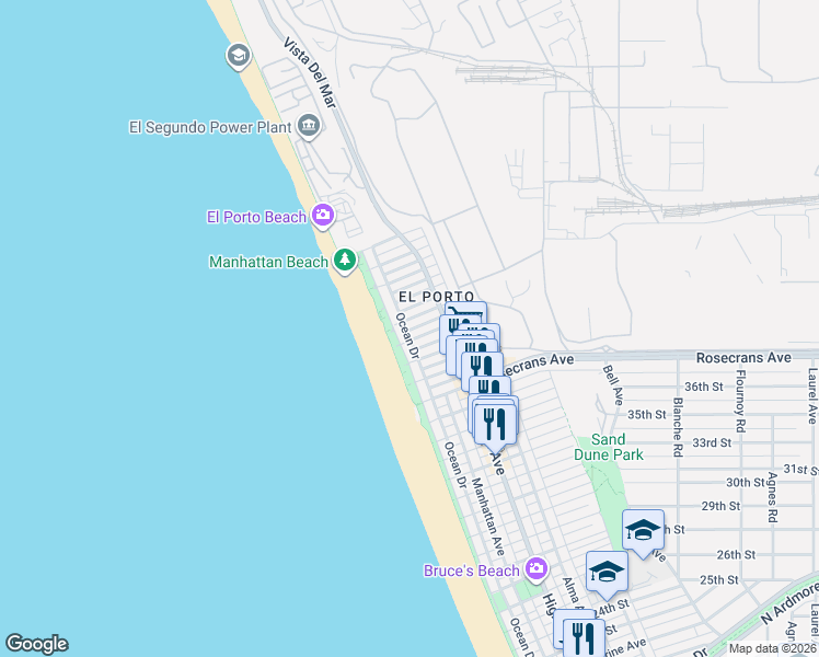 map of restaurants, bars, coffee shops, grocery stores, and more near 4102 Ocean Drive in Manhattan Beach