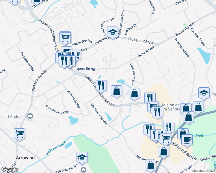 map of restaurants, bars, coffee shops, grocery stores, and more near 876 Indian Lake Drive Northwest in Lilburn