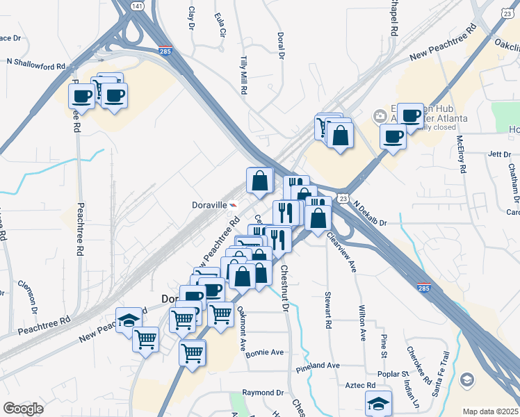map of restaurants, bars, coffee shops, grocery stores, and more near 6037 New Peachtree Road in Doraville