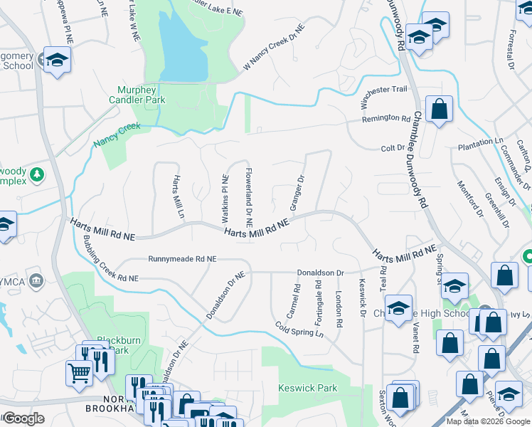 map of restaurants, bars, coffee shops, grocery stores, and more near 3926 Flowerland Drive Northeast in Atlanta
