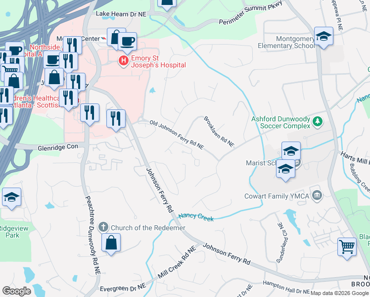 map of restaurants, bars, coffee shops, grocery stores, and more near 1073 Westbrooke Way Northeast in Atlanta