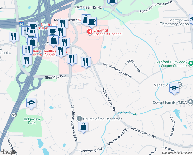 map of restaurants, bars, coffee shops, grocery stores, and more near 1494 South Johnson Ferry Road Northeast in Atlanta