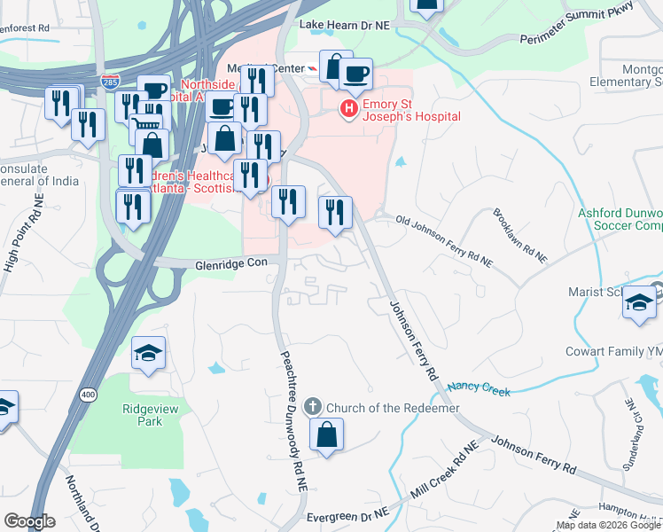 map of restaurants, bars, coffee shops, grocery stores, and more near 1151 Glenridge Place Northeast in Atlanta