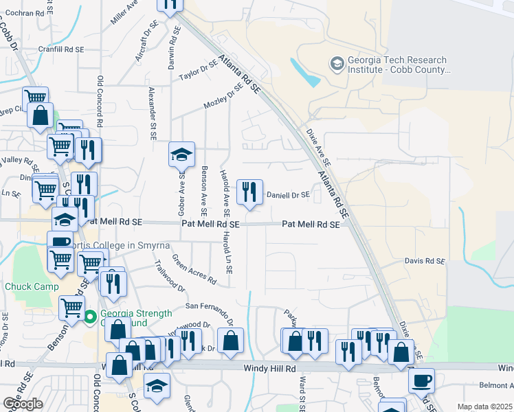 map of restaurants, bars, coffee shops, grocery stores, and more near 812 Daniell Drive Southeast in Smyrna