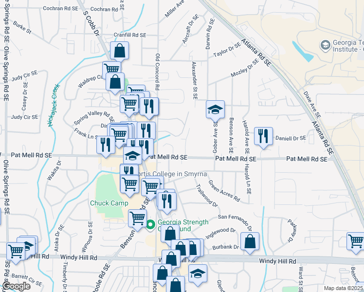map of restaurants, bars, coffee shops, grocery stores, and more near 3001 Pat Mell Place Southeast in Smyrna