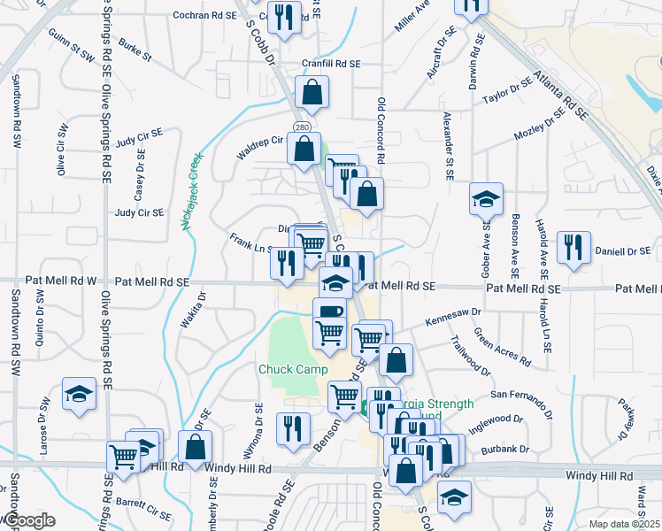 map of restaurants, bars, coffee shops, grocery stores, and more near 2044 South Cobb Drive Southeast in Marietta
