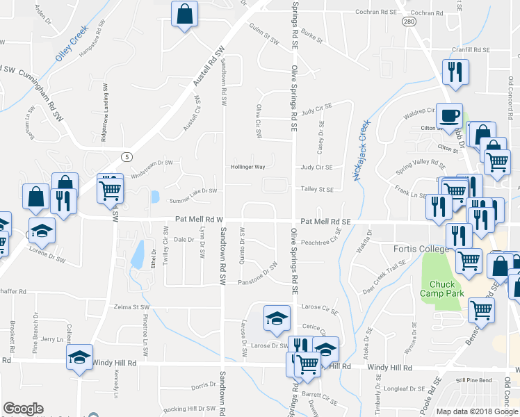 map of restaurants, bars, coffee shops, grocery stores, and more near 2055 Panstone Court Southwest in Marietta