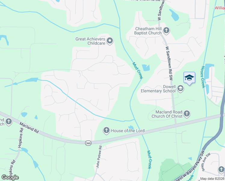 map of restaurants, bars, coffee shops, grocery stores, and more near 2197 Leatherstone Drive in Powder Springs