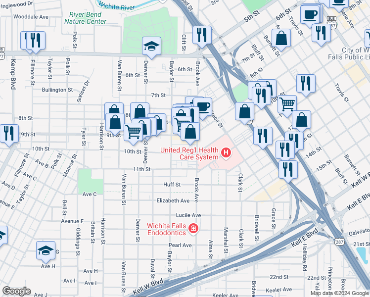 map of restaurants, bars, coffee shops, grocery stores, and more near 1714 10th Street in Wichita Falls