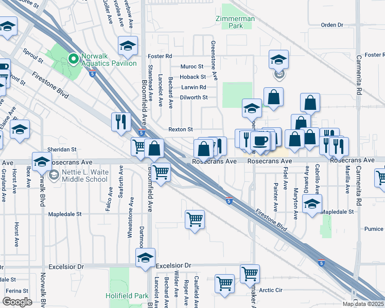 map of restaurants, bars, coffee shops, grocery stores, and more near 103 Rosecrans offramp in Norwalk