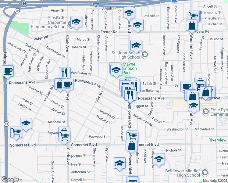map of restaurants, bars, coffee shops, grocery stores, and more near 9645 Rosecrans Avenue in Bellflower