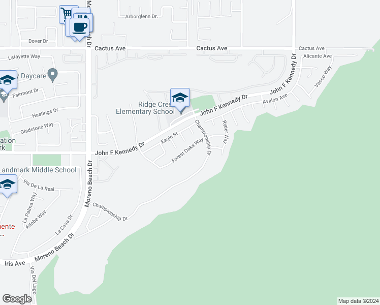 map of restaurants, bars, coffee shops, grocery stores, and more near 28459 Forest Oaks Way in Moreno Valley