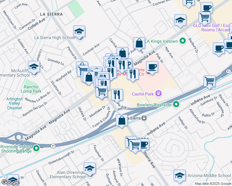 map of restaurants, bars, coffee shops, grocery stores, and more near 3765 La Sierra Ave in Riverside