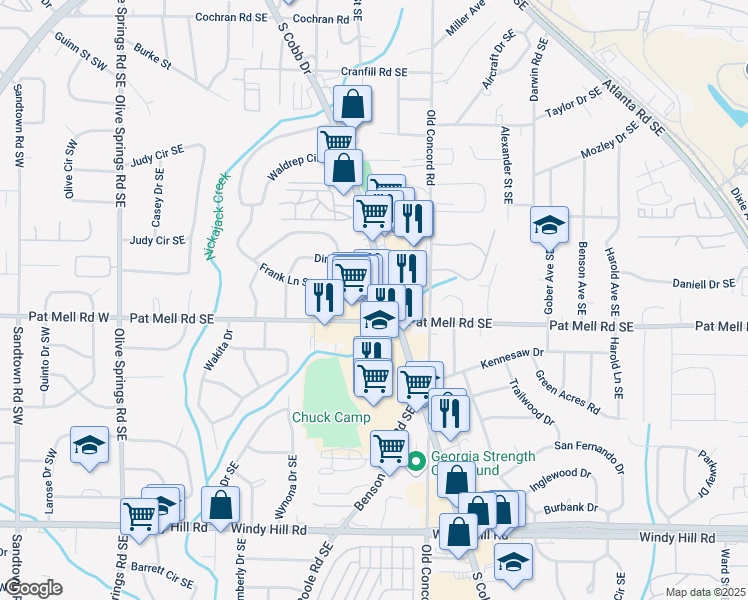 map of restaurants, bars, coffee shops, grocery stores, and more near 2044 South Cobb Drive Southeast in Marietta