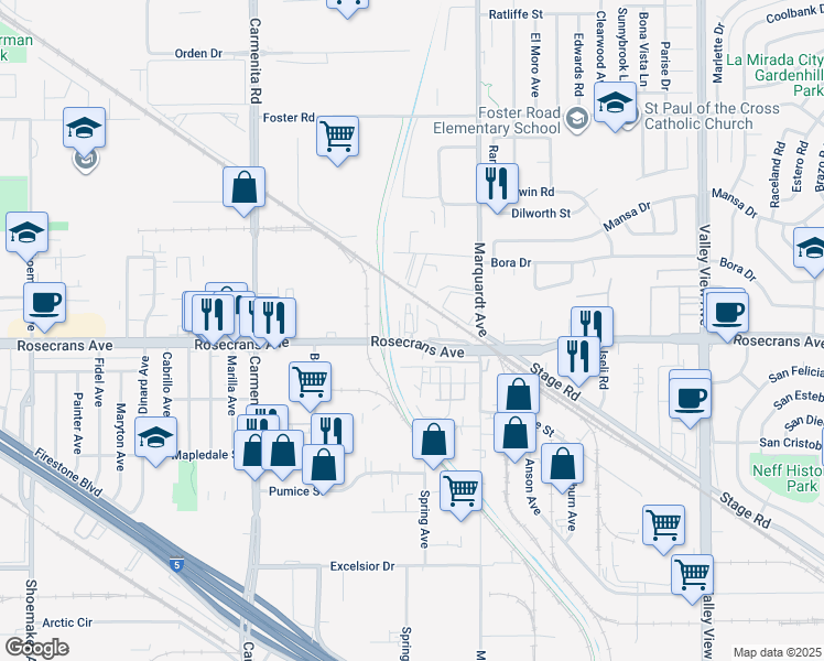 map of restaurants, bars, coffee shops, grocery stores, and more near 13649 Rosecrans Avenue in Santa Fe Springs