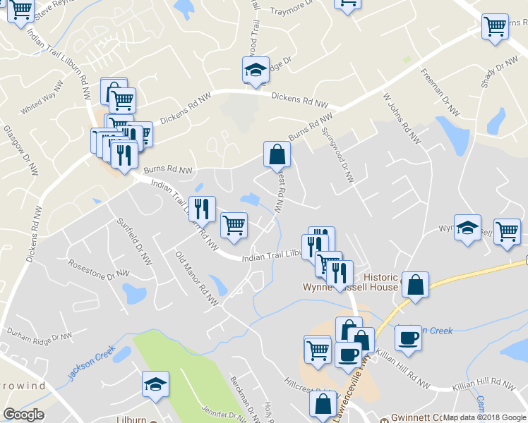 map of restaurants, bars, coffee shops, grocery stores, and more near 4854 Indian Lake Court Northwest in Lilburn