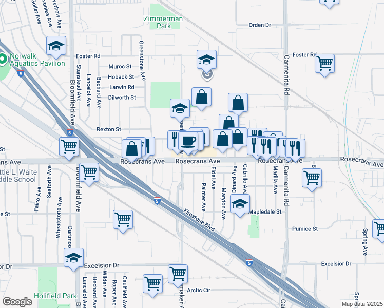 map of restaurants, bars, coffee shops, grocery stores, and more near 13019 Rosecrans Avenue in Norwalk
