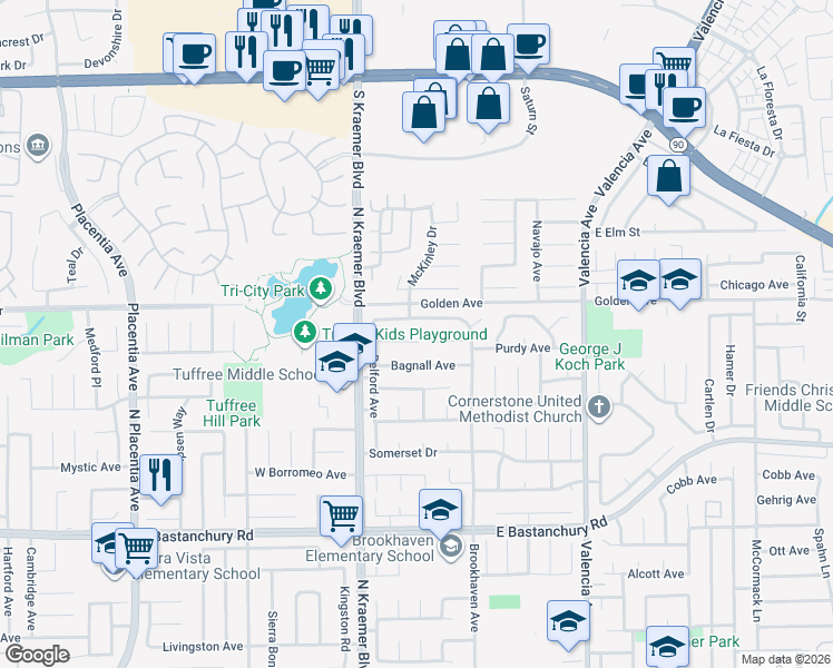 map of restaurants, bars, coffee shops, grocery stores, and more near 243 Blanquita Way in Placentia