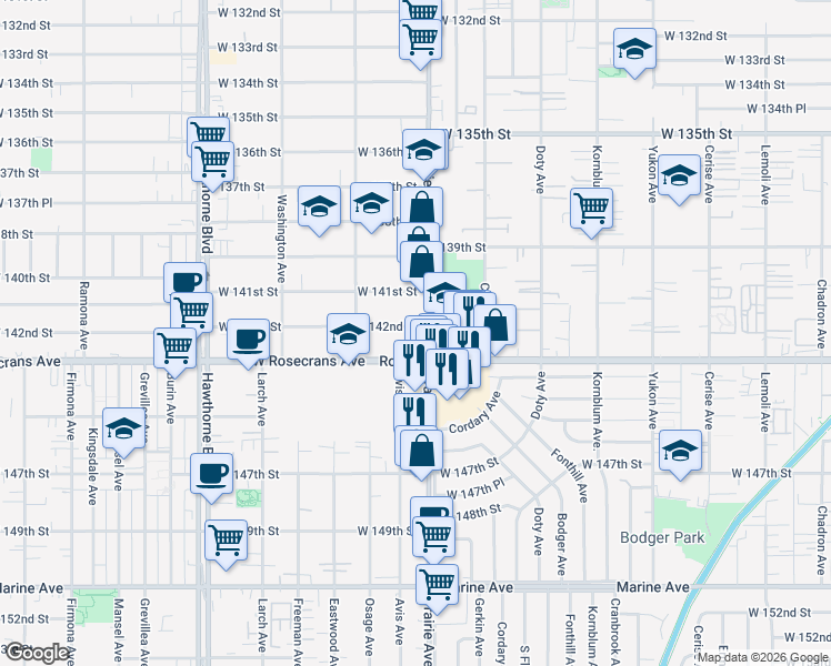 map of restaurants, bars, coffee shops, grocery stores, and more near 14201 Prairie Avenue in Hawthorne