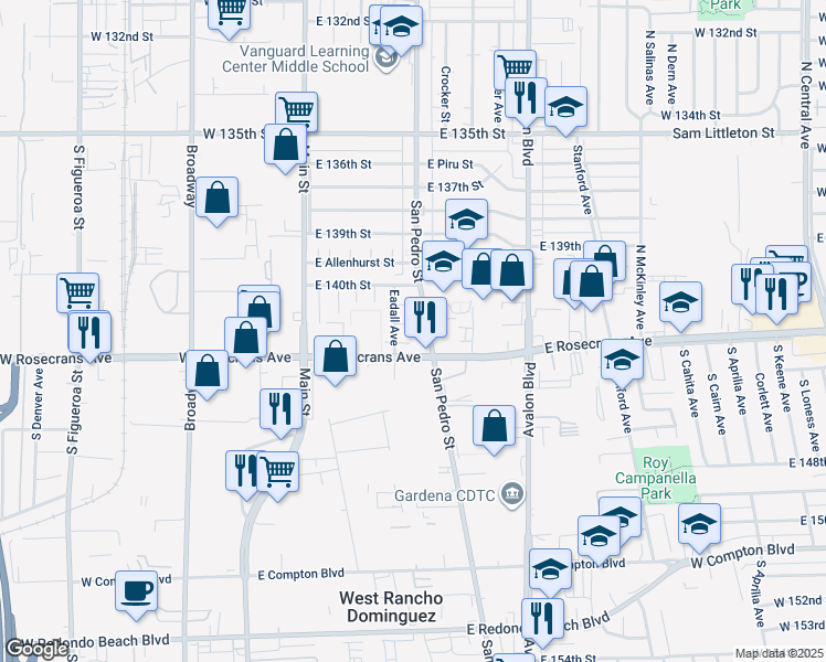 map of restaurants, bars, coffee shops, grocery stores, and more near 318 East 142nd Street in Los Angeles