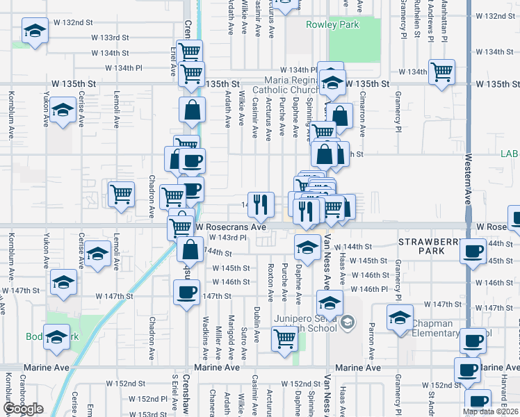 map of restaurants, bars, coffee shops, grocery stores, and more near 2616 141st Place in Gardena