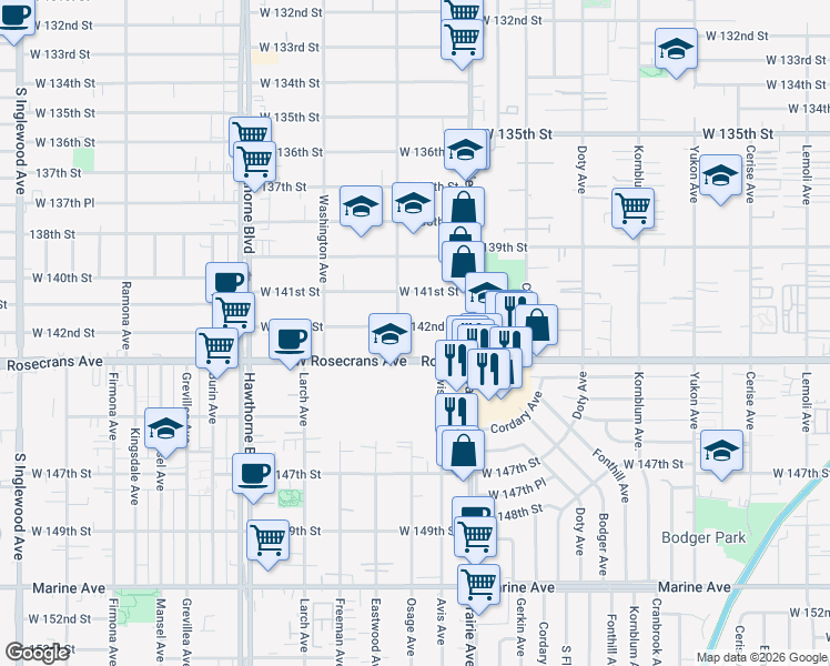 map of restaurants, bars, coffee shops, grocery stores, and more near 4082 West 142nd Street in Hawthorne