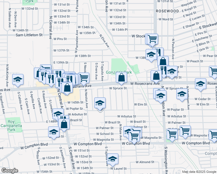 map of restaurants, bars, coffee shops, grocery stores, and more near 1135 West Spruce Street in Compton