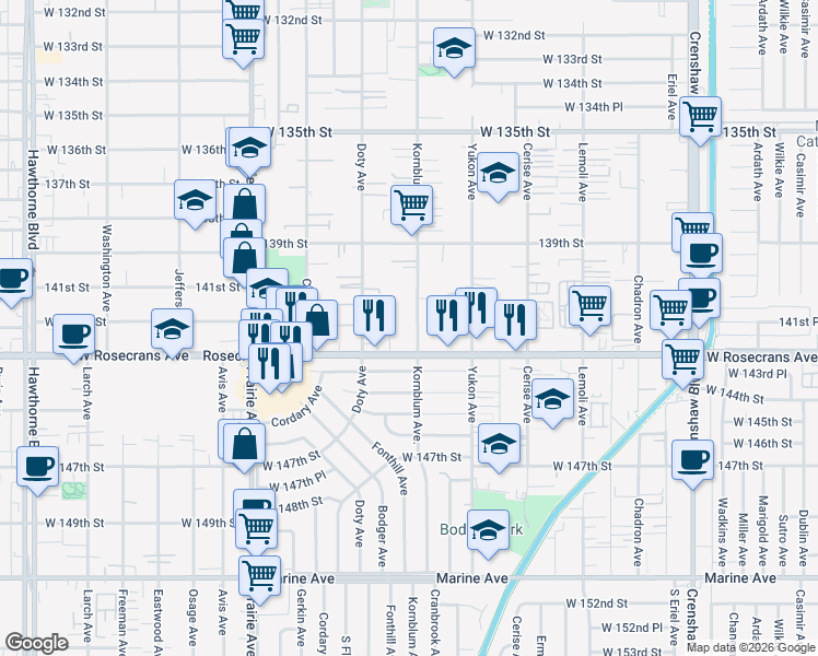 map of restaurants, bars, coffee shops, grocery stores, and more near 14121 Kornblum Avenue in Hawthorne