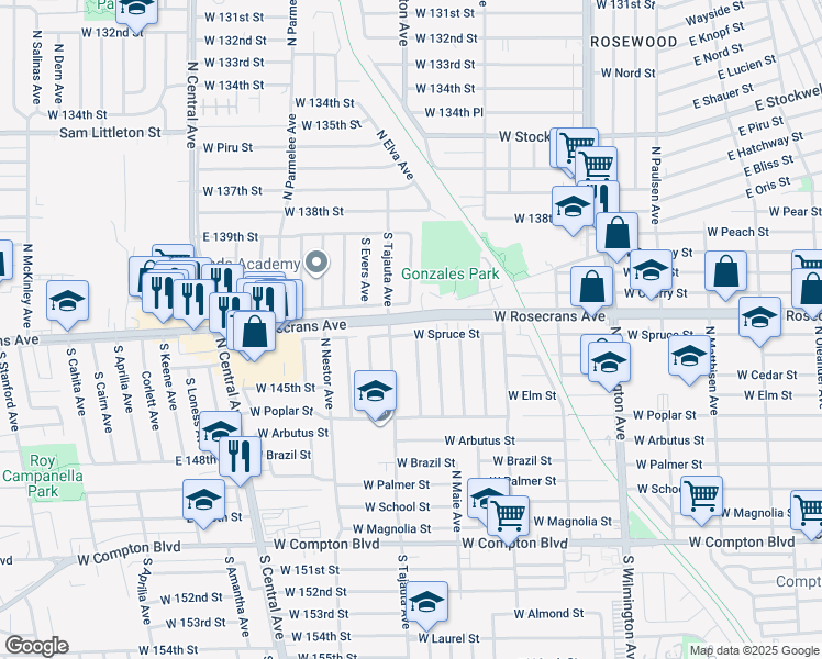 map of restaurants, bars, coffee shops, grocery stores, and more near 1135 West Spruce Street in Compton