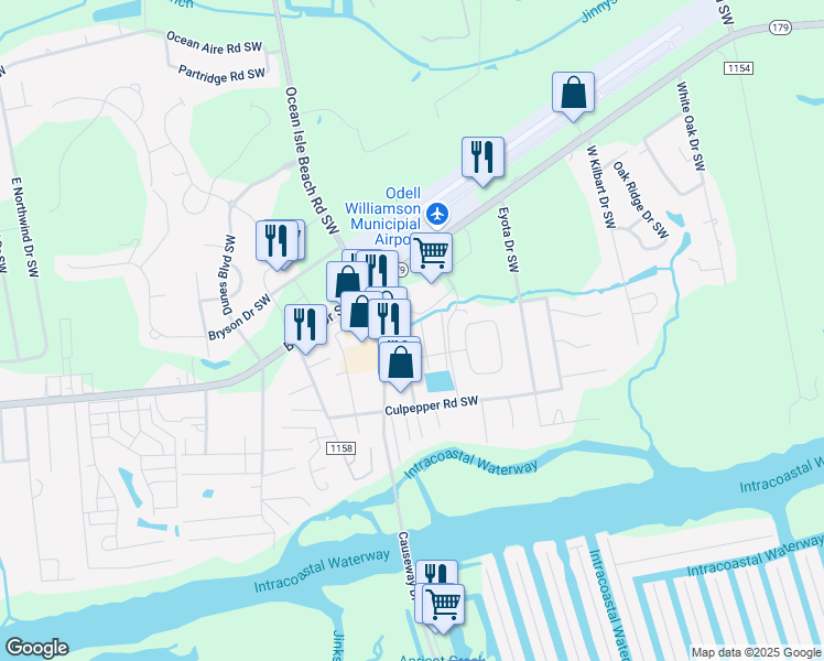map of restaurants, bars, coffee shops, grocery stores, and more near 1553 Denton Street Southwest in Ocean Isle Beach